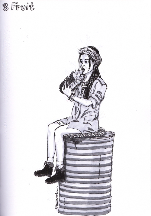 girl sitting on a barrel eating jackfruit
